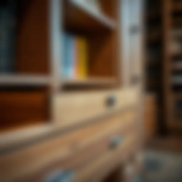 Detailed View of Bookcase Drawers Close-up of drawer details in a wide bookcase, highlighting craftsmanship and material