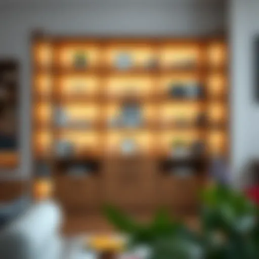 Elegant Wide Bookcase Design Elegant wide bookcase with drawers showcasing a collection of books and decor items