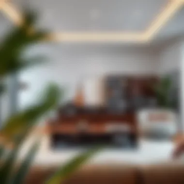 Stylish Living Room with Bookcase Stylish living room featuring a wide bookcase with drawers as a central focal point