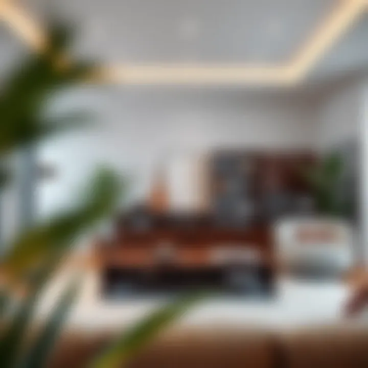 Stylish Living Room with Bookcase Stylish living room featuring a wide bookcase with drawers as a central focal point