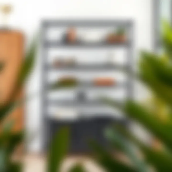 Contemporary metal shelving unit with decorative elements