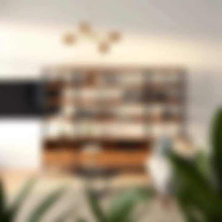 Elegant wooden shelving unit in a modern living room