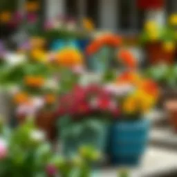 A beautiful arrangement of various small outdoor pots filled with vibrant flowers.