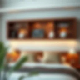 Elegant wood headboard with integrated shelves showcasing decorative items