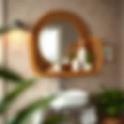 Stylish wicker bathroom wall shelf featuring decorative items