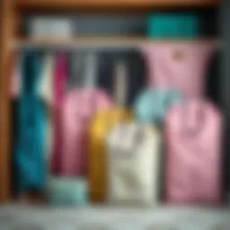 A stylish array of clothing organizer bags in various colors and sizes.