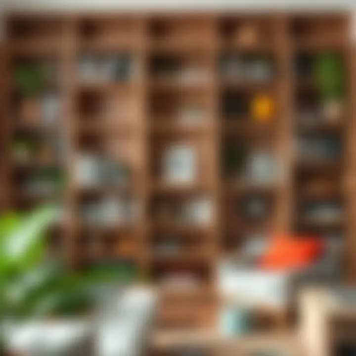 Functional deep shelving unit organized with books and plants