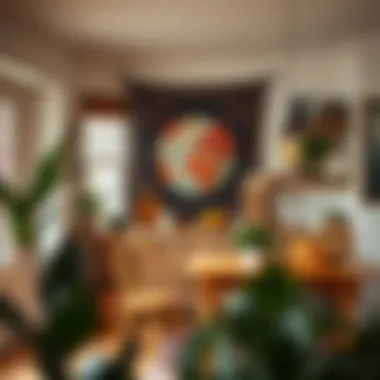 A cozy kitchen adorned with a tapestry that enhances the ambiance.