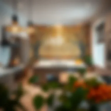 A modern kitchen featuring a tapestry that complements contemporary decor.