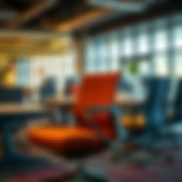 Office chair with retractable arms showcased in a co-working space