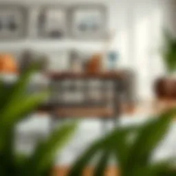 Elegant wood end table with black metal legs in a modern living room setting