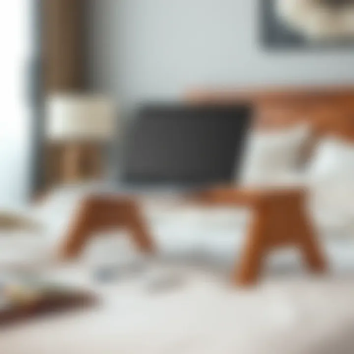 Elegant Wooden Laptop Stand for Enhanced Comfort Elegant wooden laptop stand placed on a bed