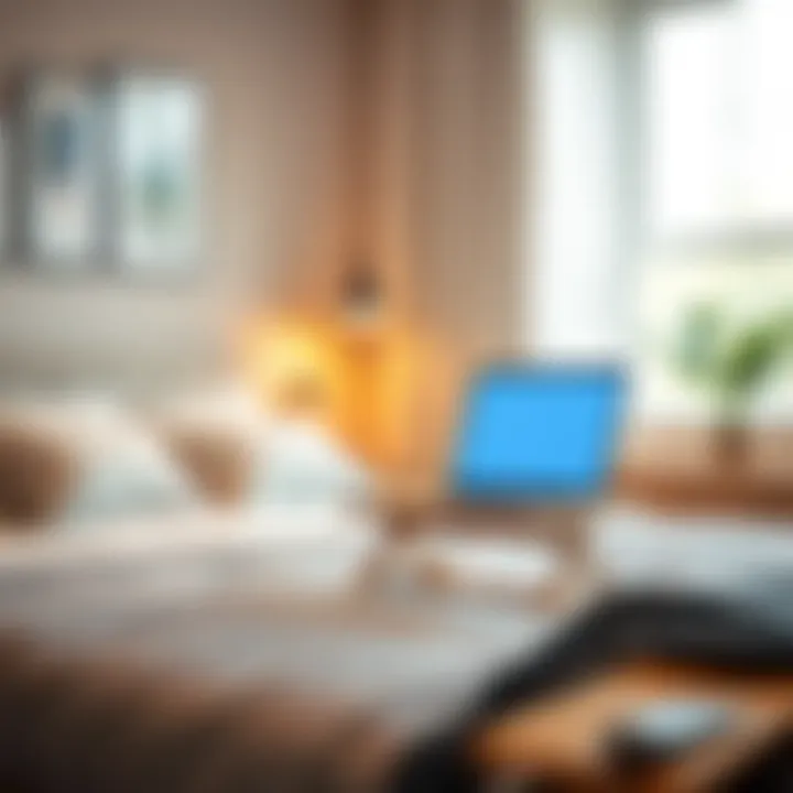 Stylish Design of Wooden Laptop Stand in Modern Decor Stylish wooden laptop stand in a modern bedroom setting