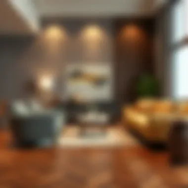 A stylish living room featuring furniture with caps protecting the floor