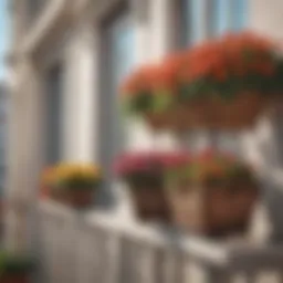 Vibrant outdoor baskets adorned with flowers displayed on a balcony