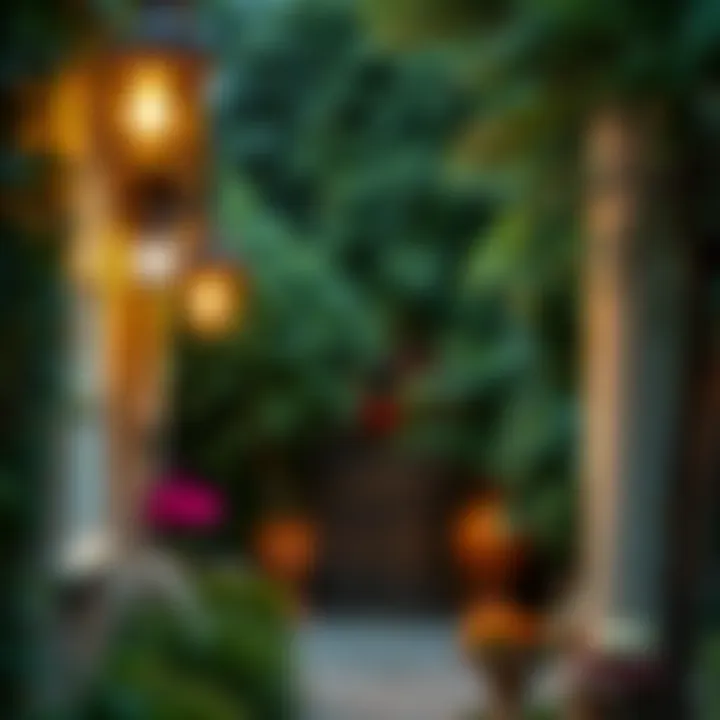Welcoming Ambiance in the Garden A well-lit garden entrance enhanced by stylish hanging lights