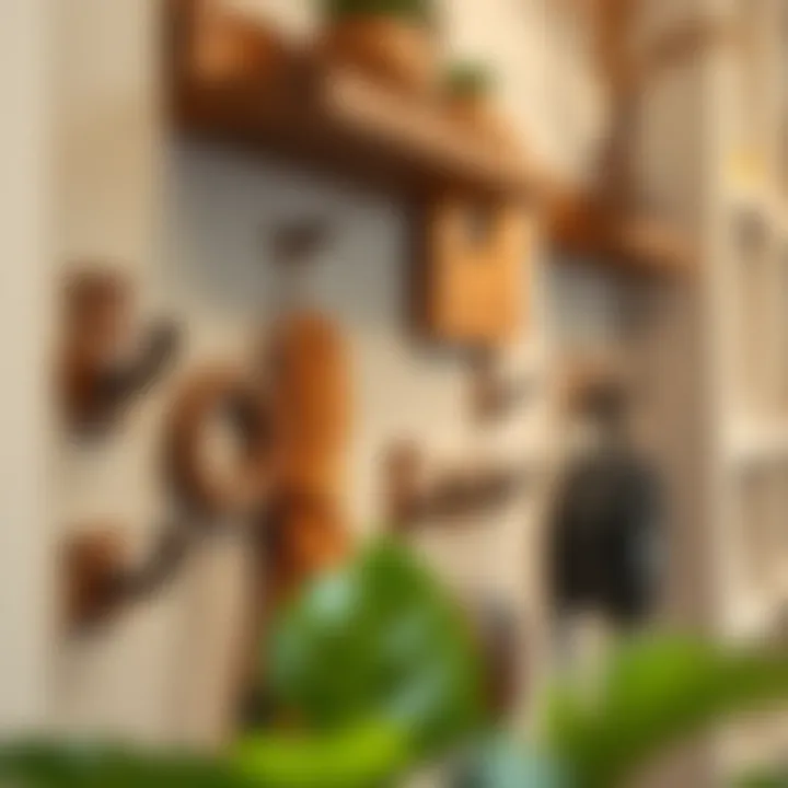 Stylish wooden hooks mounted on a wall with decorative accents