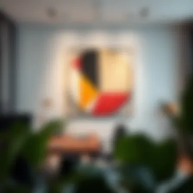 Bold geometric art installation in a modern workspace