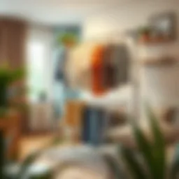 A beautifully arranged drying rack showcasing clothes in a cozy living space