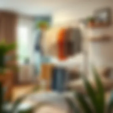 A beautifully arranged drying rack showcasing clothes in a cozy living space