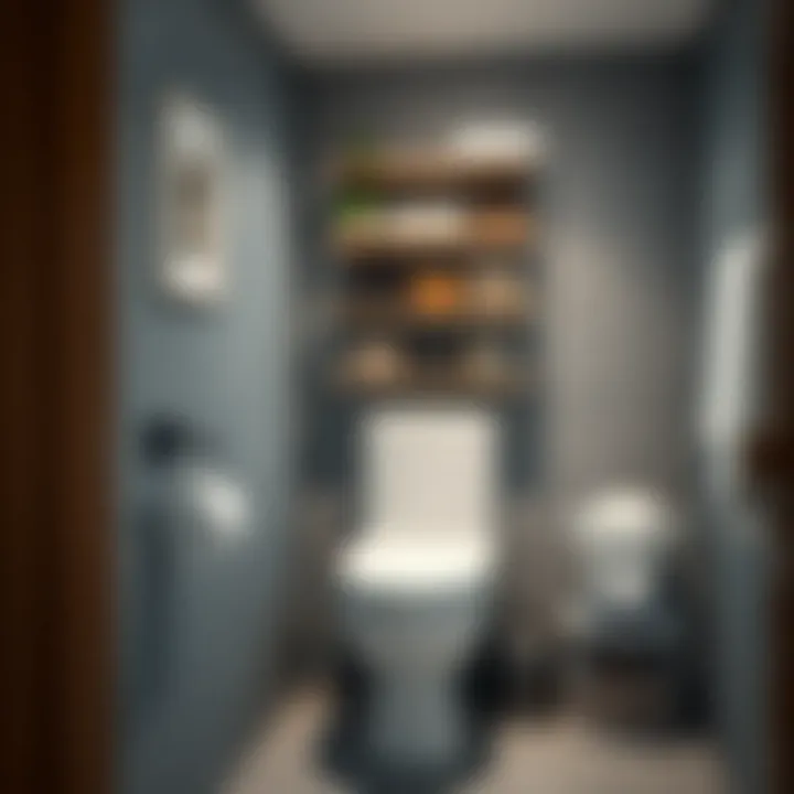 Bathroom showcasing organized essentials on a toilet rack