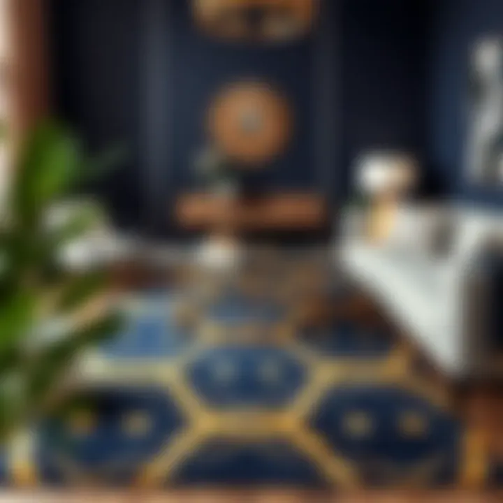 Navy and gold geometric rug paired with contemporary furniture
