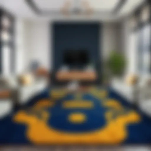 Navy and gold geometric rug in a modern living room