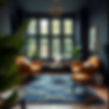 Navy and gold geometric rug in a cozy reading nook