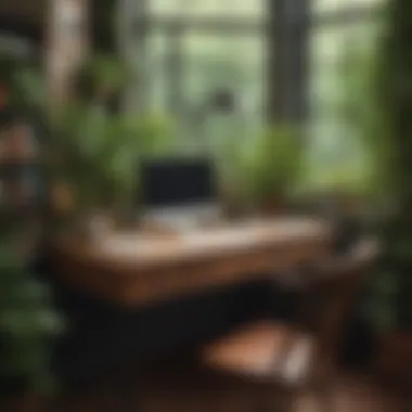 A cozy workspace featuring a vintage desk surrounded by plants.