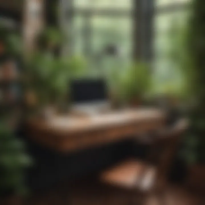 A cozy workspace featuring a vintage desk surrounded by plants.