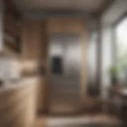 Sleek tall refrigerator in a modern compact kitchen