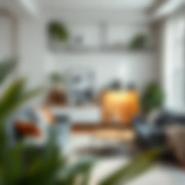 Stylish living room featuring under shelf wire racks for decor and utility