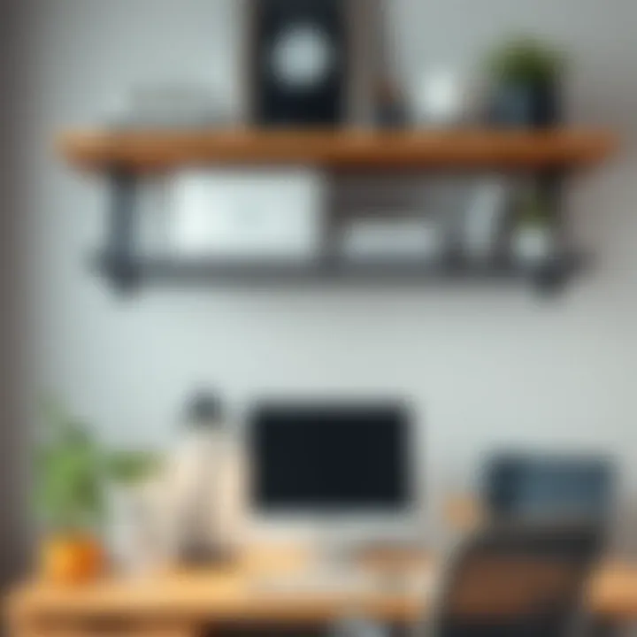 Chic office space with under shelf wire racks for efficient storage