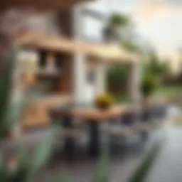 Elegant outdoor kitchen with integrated dining table