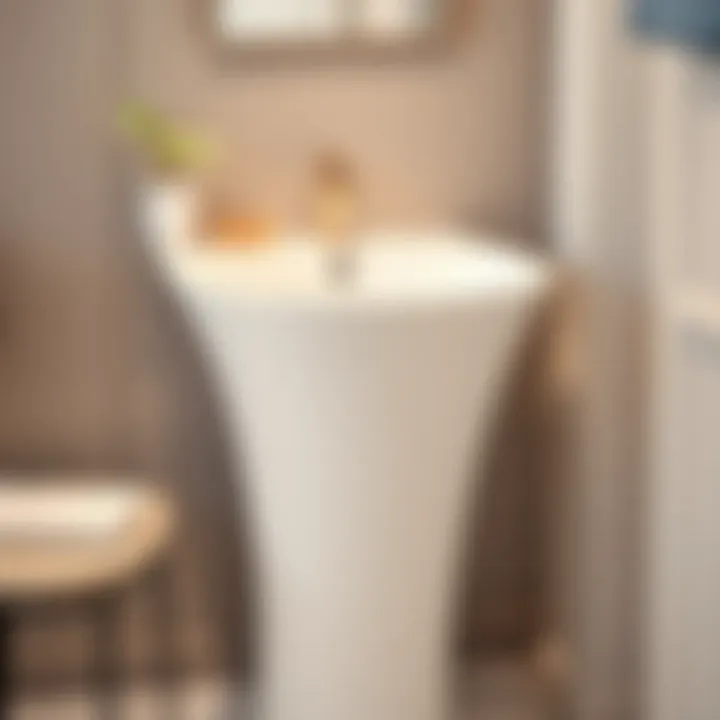Close-up view of the elegant curves and finish of a slim pedestal sink