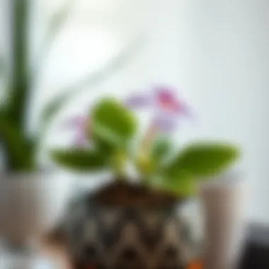 Close-Up of Blooming Flower in Pot Close-up of a blooming small flower plant in a decorative pot.