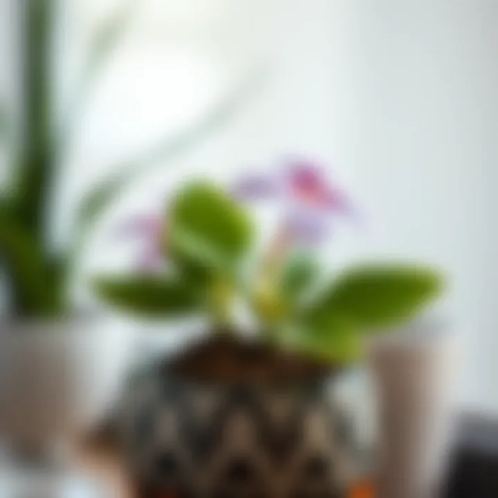 Close-Up of Blooming Flower in Pot Close-up of a blooming small flower plant in a decorative pot.