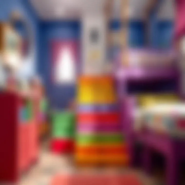 Colorful kids' staircase leading to a high bed