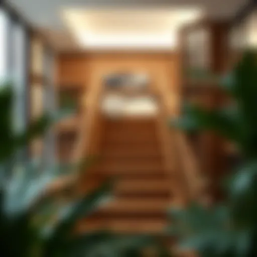 Elegant wooden staircase leading to a high bed