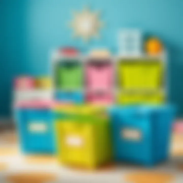 Colorful Storage Bins in Kids' Playroom Colorful storage bins with hinged lids in kids' playroom