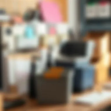 Neat Workspace with Various Storage Bins Variety of storage bins with hinged lids in a neat workspace