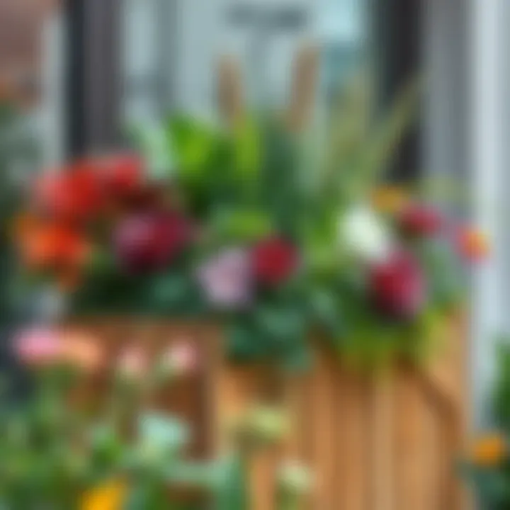 Diverse plants arranged in a tall wooden flower box