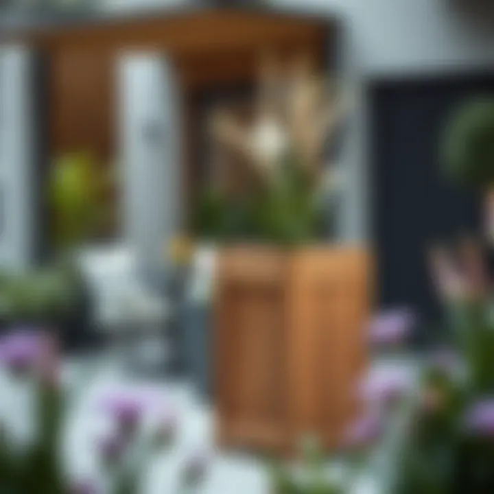 Elegant tall wooden flower box in a modern patio setting