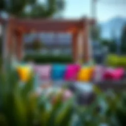 Luxurious outdoor sofa adorned with vibrant cushions