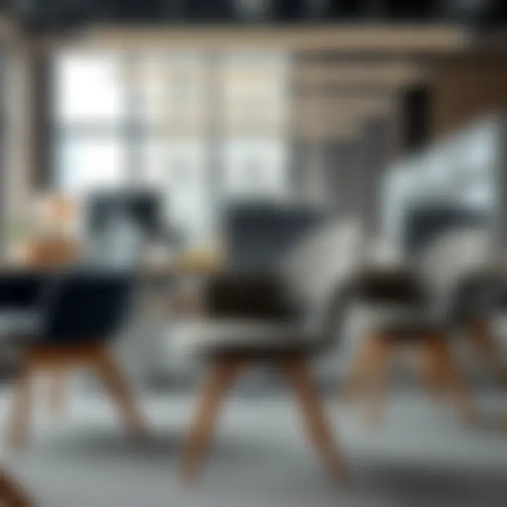 Stylish office chairs with wooden legs arranged in a contemporary office