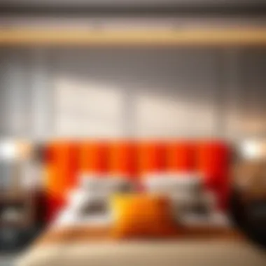 Contemporary Bold Colored Headboard Contemporary bedroom featuring a bold colored upholstered headboard