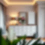 Elegant wood top white dresser in a modern bedroom setting