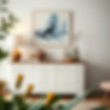 Stylish wood top white dresser styled with decorative items