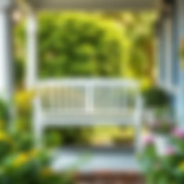 Elegant white bench on a charming front porch surrounded by greenery