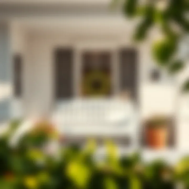 Serene front porch view featuring a white bench, potted plants, and a cozy atmosphere